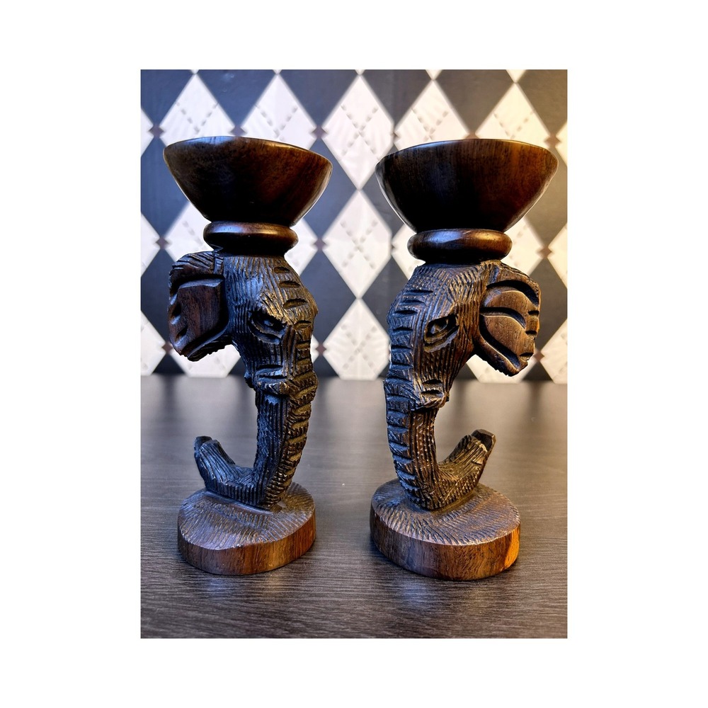 Hand Carved Candle Holders Wooden Elephant Zimbabwe Set of 3 African Safari